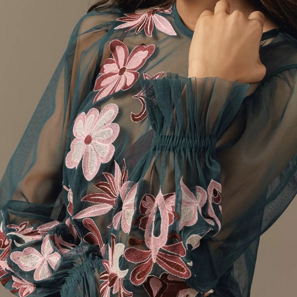 By Anthropologie Long-Sleeve Embroidered Mesh Top size XS nwt - Picture 2 of 9